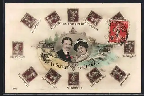 AK Le Secret des Timbres, Mille baisers, Un bonjour, Je t`aime, Paar im Rahmen