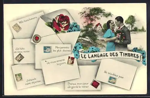AK Le Langage des Timbres, Briefmarkensprache auf Briefumschlägen