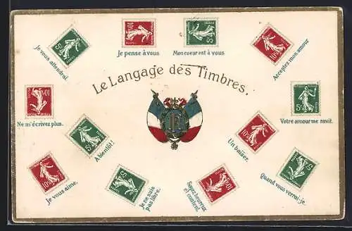 AK Briefmarkensprache, A beintôt!, Un baiser, Je vous aime