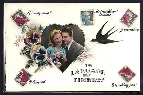 AK Liebespaar im Herz-Passepartout, Briefmarkensprache