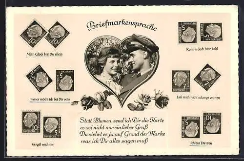 AK Liebespaar im Herz-Passepartout, Briefmarkensprache
