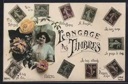 AK Briefmarkensprache französischer Briefmarken, Langage des Timbres, Je pense à vous, Je vous atlends