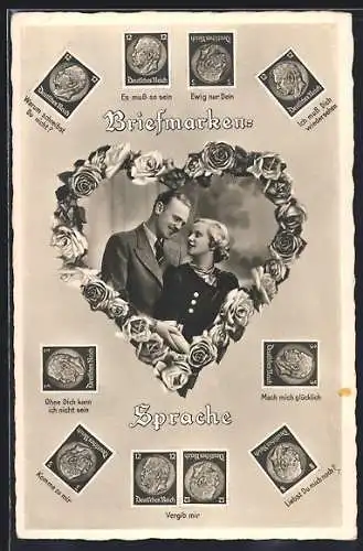 AK Briefmarkensprache für Verliebte, Liebespaar, Rosen