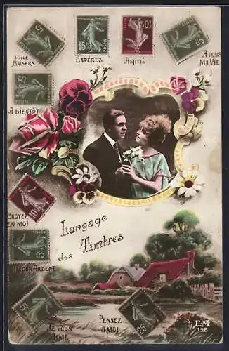 AK Liebespaar im Passepartout, französische Briefmarkensprache