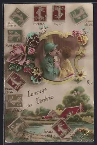 AK Soldat küsst seine Liebste, Briefmarkensprache