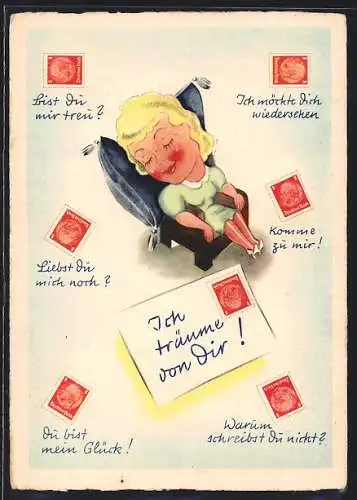 AK Schlafende Frau, Briefmarkensprache