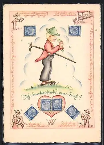 AK Wanderer riecht an einer Blume, Briefmarkensprache
