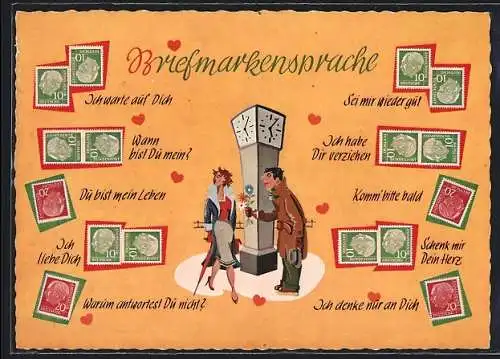 AK Mann will einer Frau Blumen geben, Briefmarkensprache