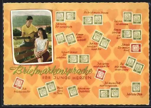 AK Briefmarkensprache für junge Herzen, Komm bitte schnell!, Ich träume von Dir, Ich bin so einsam, Paar mit Gitarre