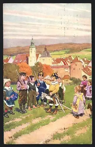 Künstler-AK P. Hey: Kinder mit Pickelhaube beim Salutieren