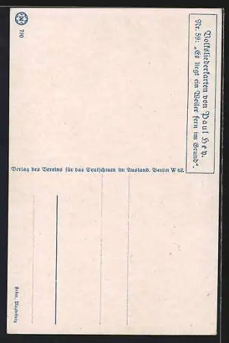 Künstler-AK P. Hey, Volksliederkarte Nr.: 59, Es liegt ein Weiler fern im Grund, Mann liegt auf Wiese