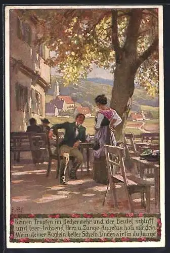 Künstler-AK P. Hey: Volksliederkarte Nr. 40, Keinen Tropfen im Becher mehr und der Beutel schlaff und leer