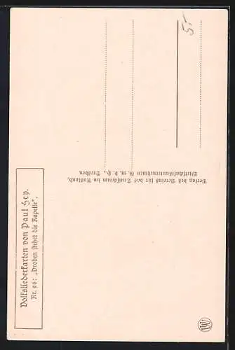 Künstler-AK P. Hey, Volksliederkarte Nr. 96: junger Schafhirte blickt auf eine Kapelle