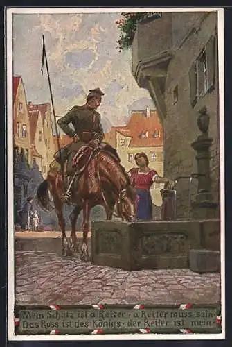 Künstler-AK P. Hey: Ulan trifft Mädchen am Brunnen