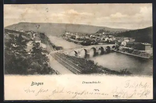 AK Bingen / Rhein, Drussusbrücke und Bahngleis