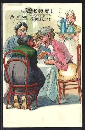 AK Tratschrunde von Frauen bei Kaffee und Tee, frauenfeindlicher Humor