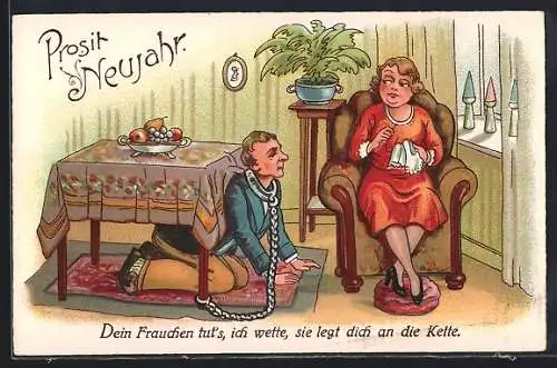 AK Mann angekettet unterm Tisch, Frau wacht, frauenfeindlicher Humor