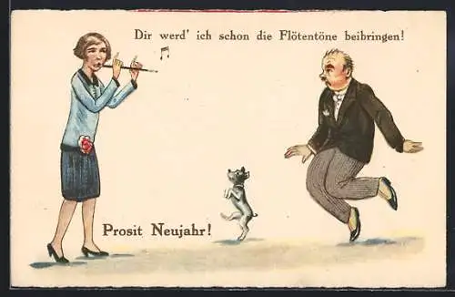 AK Dir werd ich schon die Flötentöne beibringen!, Frau macht Mann und Hund willenlos