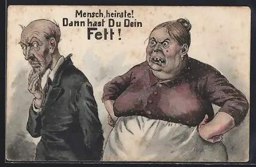 AK Mann mit einer hässlichen Ehefrau, frauenfeindlicher Humor