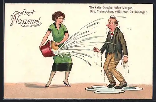 AK Frau gibt ihrem Mann eine kalte Dusche, frauenfeindlicher Humor