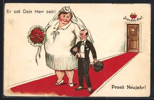 Künstler-AK Dicke Frau und zierlicher Mann kommen vom Standesamt, frauenfeindlicher Humor