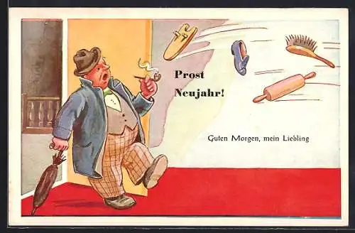 AK Guten Morgen, Liebling!, Schmerzhafte Begrüssung, frauenfeindlicher Humor