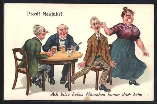 AK Frau zieht ihren Mann am Ohr aus der Kneipe, frauenfeindlicher Humor