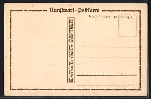 Künstler-AK sign.: Adolf von Menzel: Das Schwert wird mit Blättern vom Blut befreit