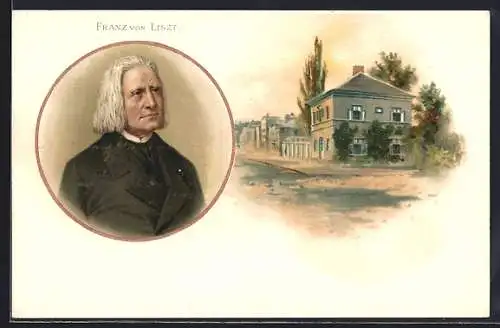 Lithographie Franz von Liszt, Portrait und Villa