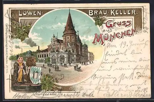 Lithographie München, Gasthaus Löwenbräu-Keller, Münchner Kindl und Löwe mit Wappen