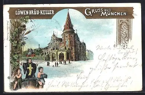Lithographie München, Gebäude des Gasthaus Löwenbräu-Keller, Münchener Kindl mit zwei Knaben