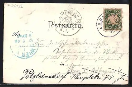 Lithographie München, Gebäude des Gasthaus Löwenbräu-Keller, Münchener Kindl mit zwei Knaben