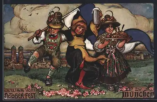 AK München, Oktoberfest, Kellnerin mit Hähnchen, Münchener Kindl