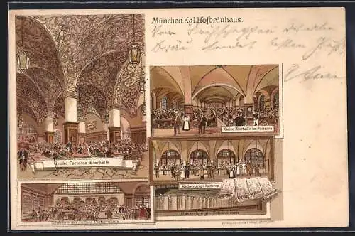 Lithographie München, Münchner Hofbräuhaus, Innenansichten Kleine Bierhalle und Küchengang im Parterre