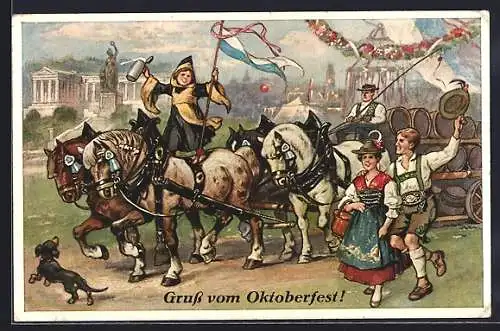 Künstler-AK Oktoberfest, Festumzug mit Bierkutsche und Dackel