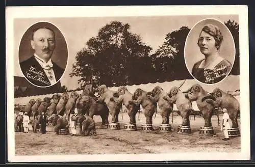 AK Circus Krone, Portraits von Carl und Ida Krone, Elefantenauftritt