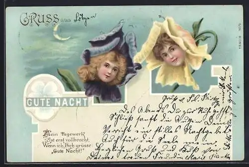 AK Gute Nacht, Frauenköpfe in Blüten