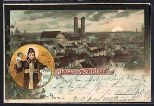 Lithographie München, Münchner Kindl mit bayerischem Wappen, Frauentürme