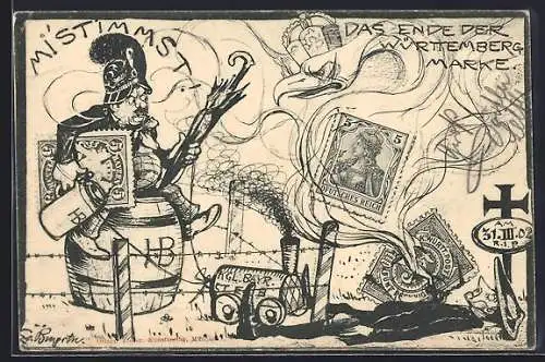 Künstler-AK Das Ende der Württemberg Briefmarke 1902