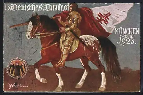 Künstler-AK München, 13. Dt. Turnfest 1923, Ritter mit Fahne zu Pferde