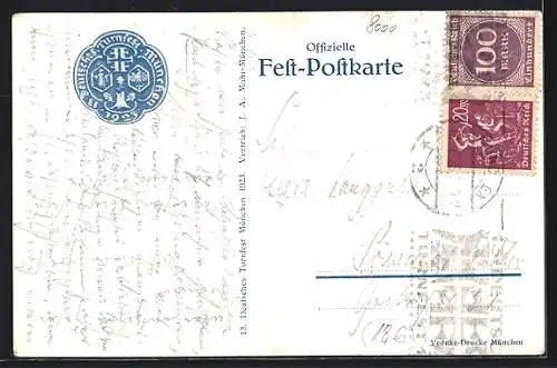 Künstler-AK München, 13. Dt. Turnfest 1923, Ritter mit Fahne zu Pferde