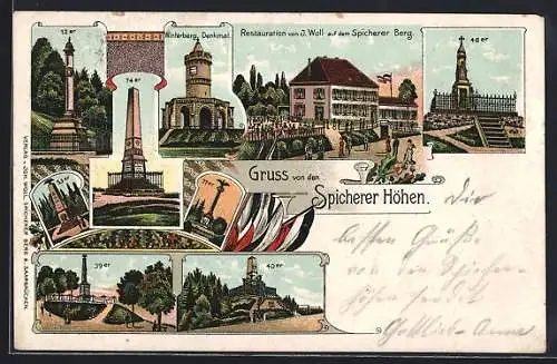 Lithographie Spicherer Höhen, Kriegerdenkmäler d. 40er, 39er u. 48er, Gasthaus von J. Woll a. d. Spicherer Berg