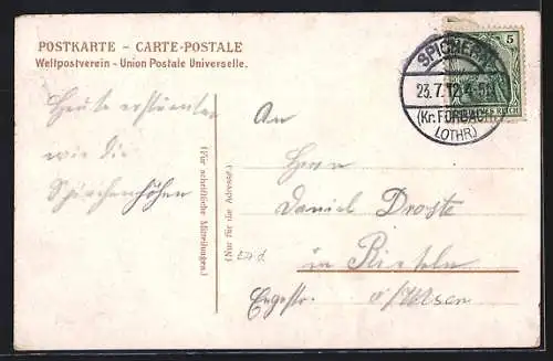 Lithographie Spicherer Höhen, Kriegerdenkmäler d. 40er, 39er u. 48er, Gasthaus von J. Woll a. d. Spicherer Berg