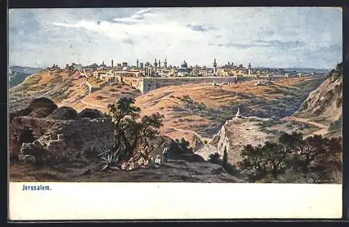 Künstler-AK F.Perlberg: Jerusalem, Partie am Ortsrand mit Leuten unter dem Baum