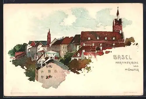 Künstler-Lithographie Fritz Voellmy: Basel, Martinskirche und Münster