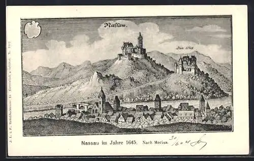 Künstler-AK Nassau / Lahn, Ortsansicht im Jahre 1645 mit Stein Schloss nach Merian