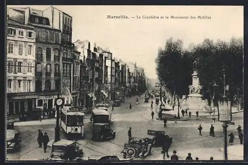 AK Marseille, La Canebiere et le Monument des Mobiles, Strassenbahn