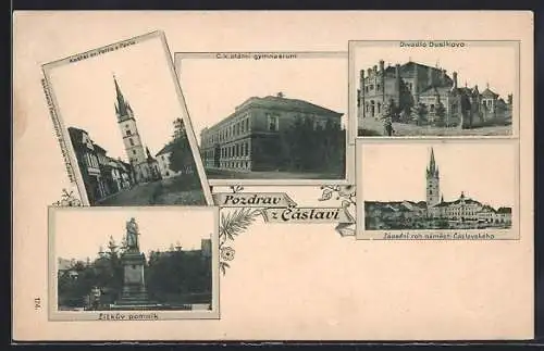 AK Tschaslau / Caslav, Kostel sc. Petra s Pavla, Divadlo Dusikovo, C. k. statni gymnasium, Zizkuv pomnik