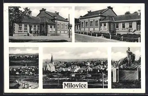 AK Milowitz / Milovice, Gebäudeansicht, Denkmal, Teilansicht