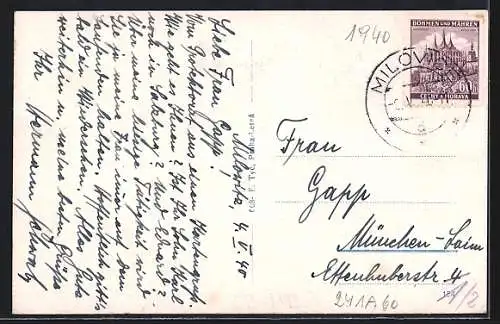 AK Milowitz / Milovice, Gebäudeansicht, Denkmal, Teilansicht